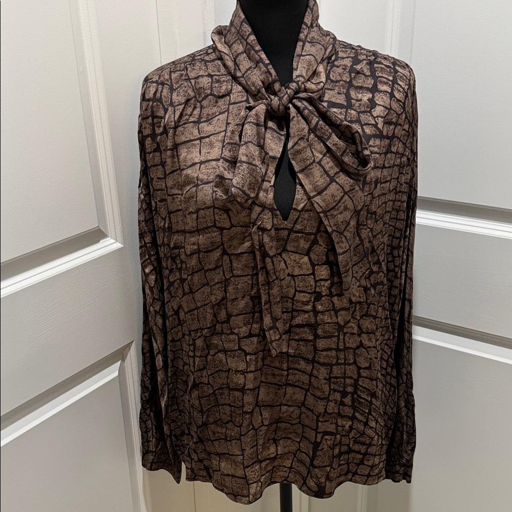 Reiss Brown Patterned Tie-Neck Blouse
